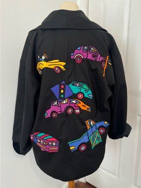 Vintage Silkscapes Art Blazer Cars Traffic Scene Jacket Oversized Novelty Medium